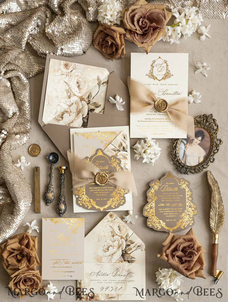 WEDDING INVITATIONS Vintage Baroque Vintage Baroque Wedding Invitation suite  Beige Golden Fine art Roses Wedding Invitations with rsvp Victorian wedding crest Chinoiserie Invites Royal Ornamental frame