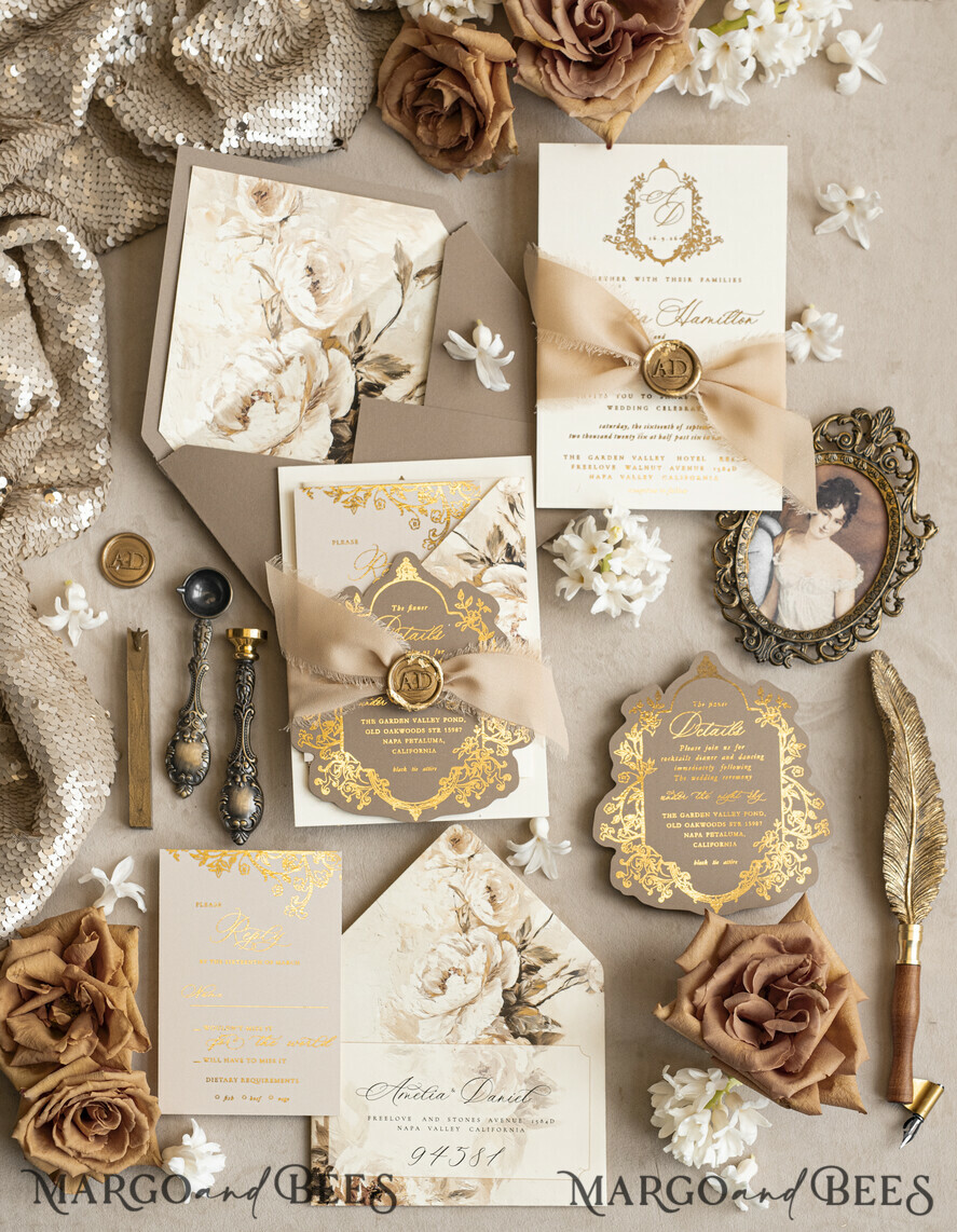 WEDDING INVITATIONS Vintage Baroque Vintage Baroque Wedding Invitation suite  Beige Golden Fine art Roses Wedding Invitations with rsvp Victorian wedding crest Chinoiserie Invites Royal Ornamental frame