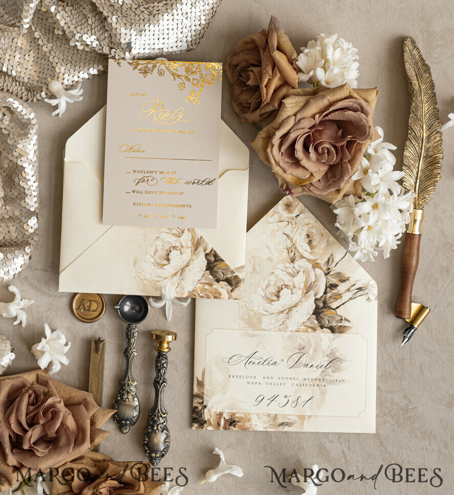 WEDDING INVITATIONS Vintage Baroque Vintage Baroque Wedding Invitation suite  Beige Golden Fine art Roses Wedding Invitations with rsvp Victorian wedding crest Chinoiserie Invites Royal Ornamental frame