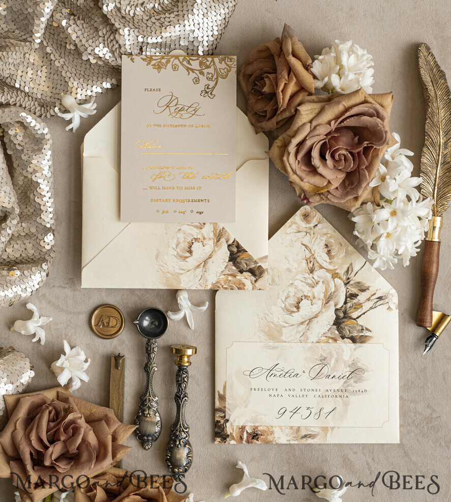 WEDDING INVITATIONS Vintage Baroque Vintage Baroque Wedding Invitation suite  Beige Golden Fine art Roses Wedding Invitations with rsvp Victorian wedding crest Chinoiserie Invites Royal Ornamental frame