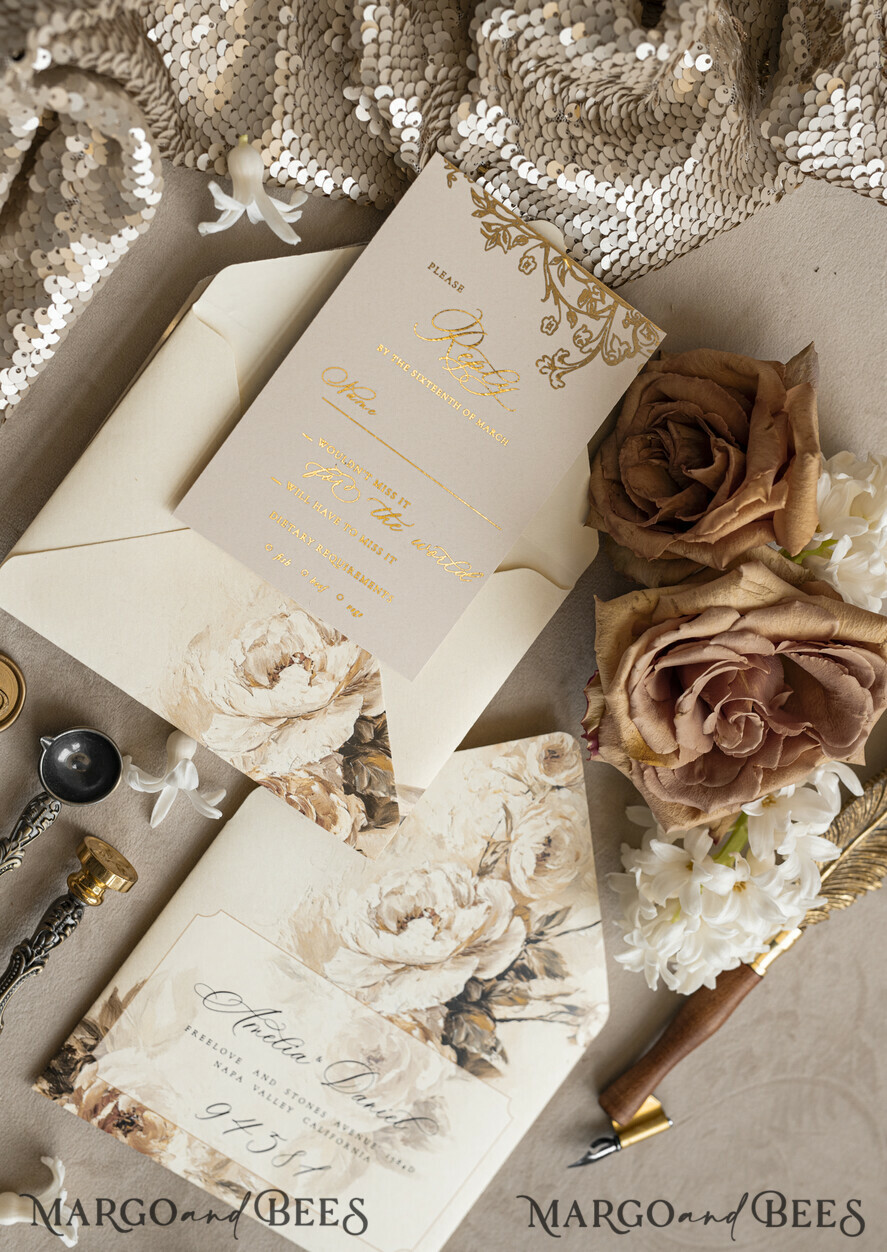 WEDDING INVITATIONS Vintage Baroque Vintage Baroque Wedding Invitation suite  Beige Golden Fine art Roses Wedding Invitations with rsvp Victorian wedding crest Chinoiserie Invites Royal Ornamental frame