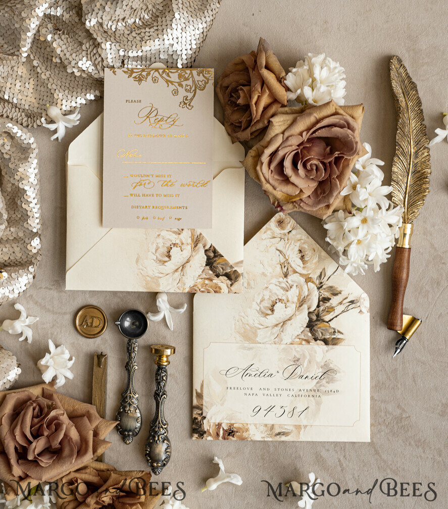 WEDDING INVITATIONS Vintage Baroque Vintage Baroque Wedding Invitation suite  Beige Golden Fine art Roses Wedding Invitations with rsvp Victorian wedding crest Chinoiserie Invites Royal Ornamental frame