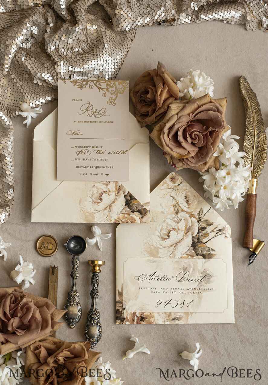 WEDDING INVITATIONS Vintage Baroque Vintage Baroque Wedding Invitation suite  Beige Golden Fine art Roses Wedding Invitations with rsvp Victorian wedding crest Chinoiserie Invites Royal Ornamental frame