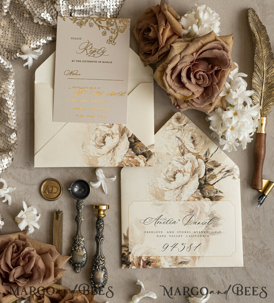 WEDDING INVITATIONS Vintage Baroque Vintage Baroque Wedding Invitation suite  Beige Golden Fine art Roses Wedding Invitations with rsvp Victorian wedding crest Chinoiserie Invites Royal Ornamental frame