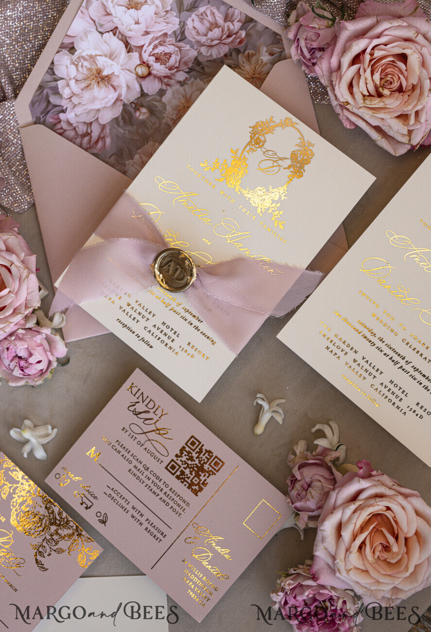 WEDDING INVITATIONS Vintage Baroque Vintage Baroque Wedding Invitation suite  Beige Golden Fine art Roses Wedding Invitations with rsvp Victorian wedding crest Chinoiserie Invites Royal Ornamental frame