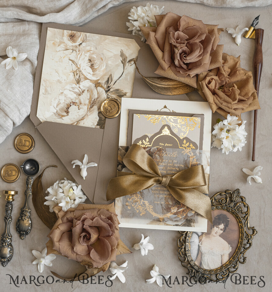 WEDDING INVITATIONS Vintage Baroque Vintage Baroque Wedding Invitation suite  Beige Golden Fine art Roses Wedding Invitations with rsvp Victorian wedding crest Chinoiserie Invites Royal Ornamental frame