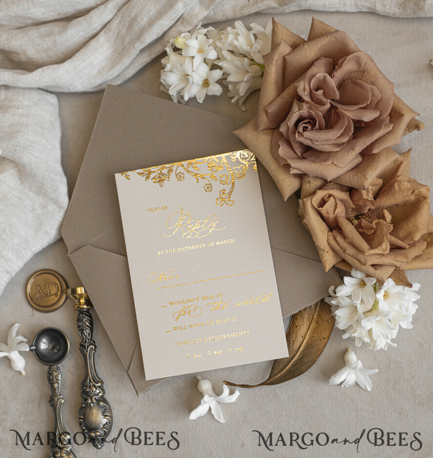 WEDDING INVITATIONS Vintage Baroque Vintage Baroque Wedding Invitation suite  Beige Golden Fine art Roses Wedding Invitations with rsvp Victorian wedding crest Chinoiserie Invites Royal Ornamental frame