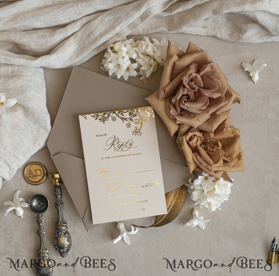 WEDDING INVITATIONS Vintage Baroque Vintage Baroque Wedding Invitation suite  Beige Golden Fine art Roses Wedding Invitations with rsvp Victorian wedding crest Chinoiserie Invites Royal Ornamental frame