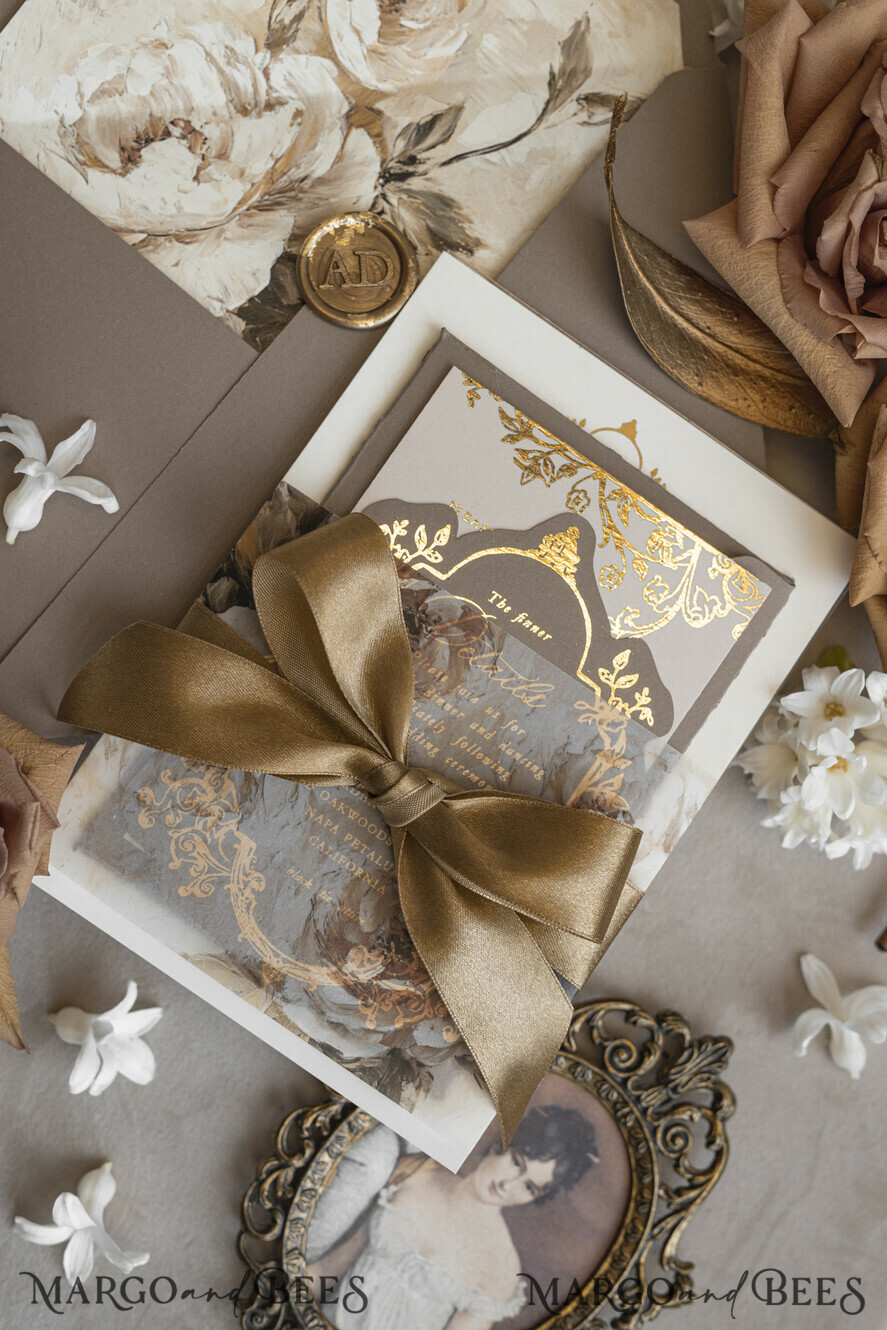 WEDDING INVITATIONS Vintage Baroque Vintage Baroque Wedding Invitation suite  Beige Golden Fine art Roses Wedding Invitations with rsvp Victorian wedding crest Chinoiserie Invites Royal Ornamental frame