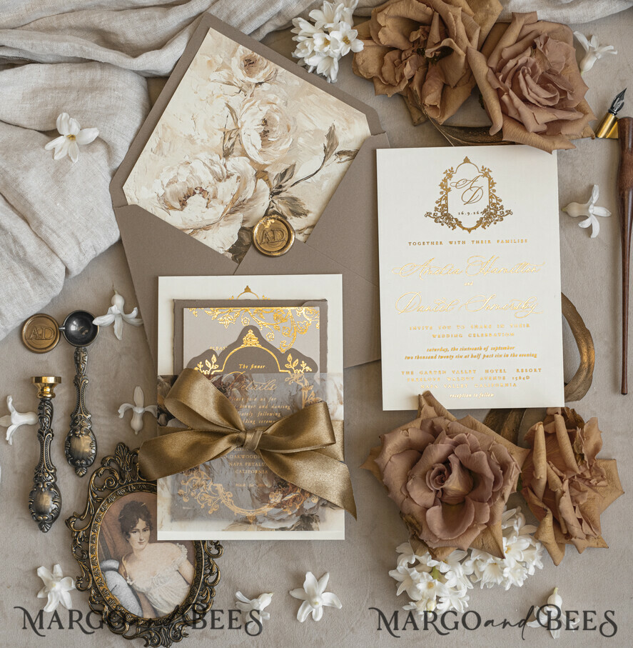 WEDDING INVITATIONS Vintage Baroque Vintage Baroque Wedding Invitation suite  Beige Golden Fine art Roses Wedding Invitations with rsvp Victorian wedding crest Chinoiserie Invites Royal Ornamental frame