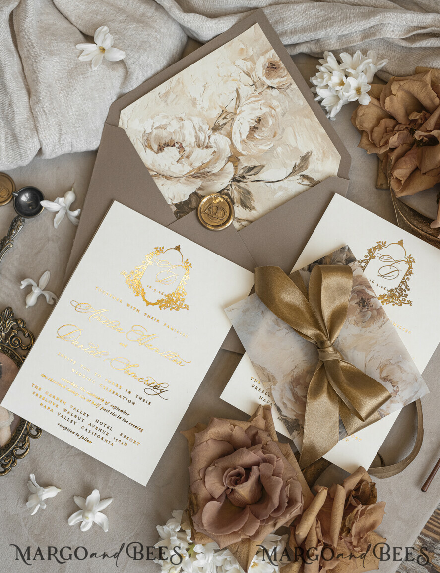 WEDDING INVITATIONS Vintage Baroque Vintage Baroque Wedding Invitation suite  Beige Golden Fine art Roses Wedding Invitations with rsvp Victorian wedding crest Chinoiserie Invites Royal Ornamental frame