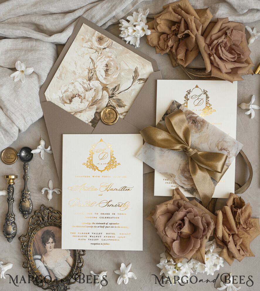 WEDDING INVITATIONS Vintage Baroque Vintage Baroque Wedding Invitation suite  Beige Golden Fine art Roses Wedding Invitations with rsvp Victorian wedding crest Chinoiserie Invites Royal Ornamental frame