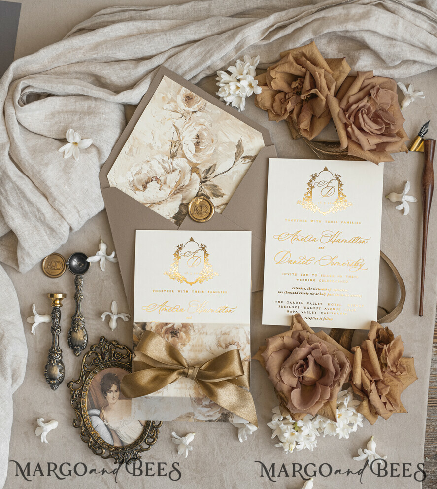 WEDDING INVITATIONS Vintage Baroque Vintage Baroque Wedding Invitation suite  Beige Golden Fine art Roses Wedding Invitations with rsvp Victorian wedding crest Chinoiserie Invites Royal Ornamental frame