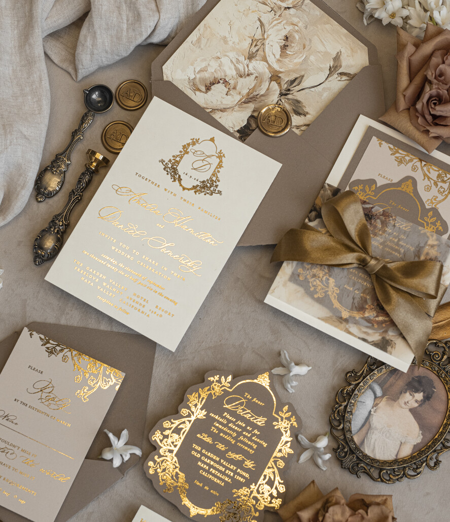 WEDDING INVITATIONS Vintage Baroque Vintage Baroque Wedding Invitation suite  Beige Golden Fine art Roses Wedding Invitations with rsvp Victorian wedding crest Chinoiserie Invites Royal Ornamental frame