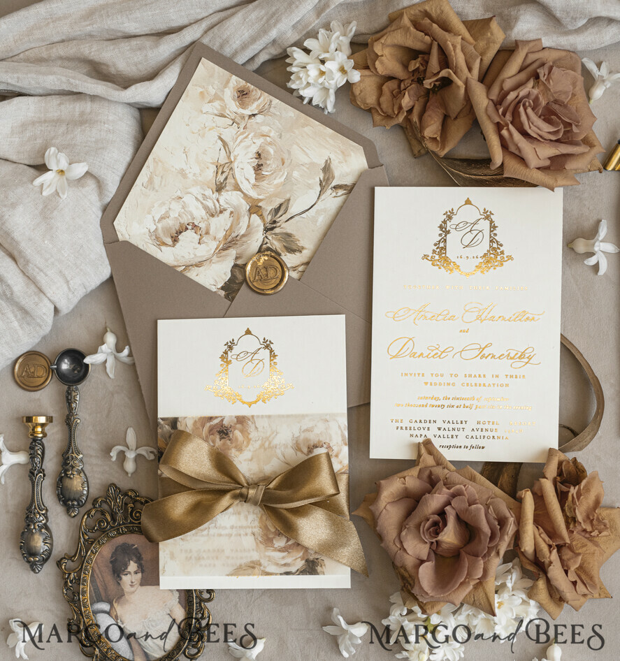 WEDDING INVITATIONS Vintage Baroque Vintage Baroque Wedding Invitation suite  Beige Golden Fine art Roses Wedding Invitations with rsvp Victorian wedding crest Chinoiserie Invites Royal Ornamental frame