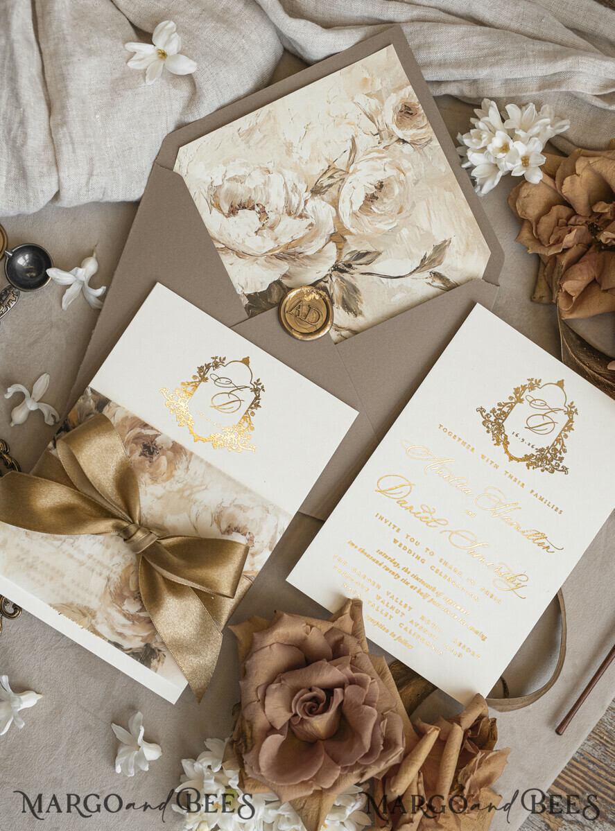 WEDDING INVITATIONS Vintage Baroque Vintage Baroque Wedding Invitation suite  Beige Golden Fine art Roses Wedding Invitations with rsvp Victorian wedding crest Chinoiserie Invites Royal Ornamental frame