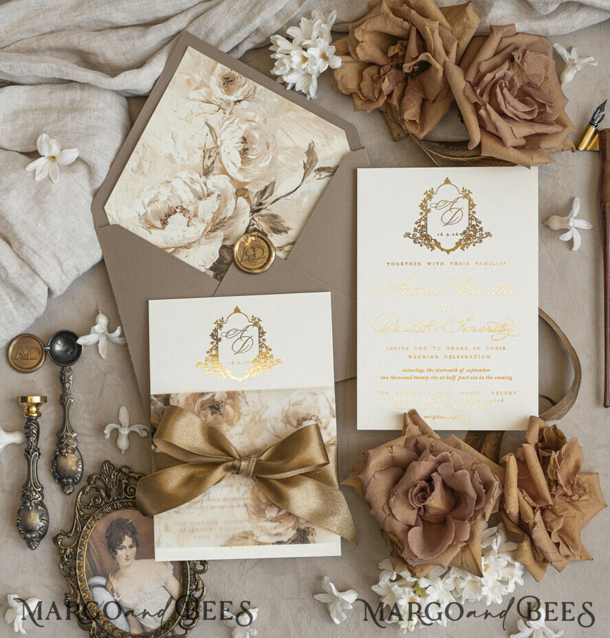 WEDDING INVITATIONS Vintage Baroque Vintage Baroque Wedding Invitation suite  Beige Golden Fine art Roses Wedding Invitations with rsvp Victorian wedding crest Chinoiserie Invites Royal Ornamental frame