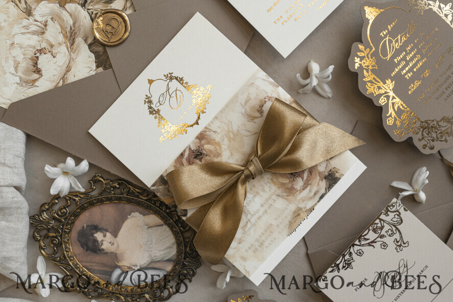 WEDDING INVITATIONS Vintage Baroque Vintage Baroque Wedding Invitation suite  Beige Golden Fine art Roses Wedding Invitations with rsvp Victorian wedding crest Chinoiserie Invites Royal Ornamental frame
