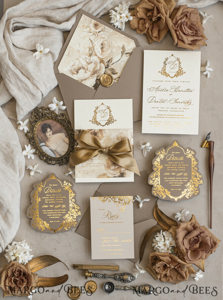WEDDING INVITATIONS Vintage Baroque Vintage Baroque Wedding Invitation suite  Beige Golden Fine art Roses Wedding Invitations with rsvp Victorian wedding crest Chinoiserie Invites Royal Ornamental frame