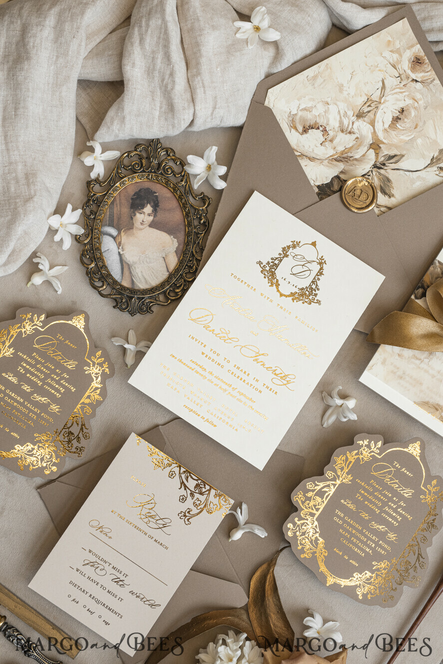 WEDDING INVITATIONS Vintage Baroque Vintage Baroque Wedding Invitation suite  Beige Golden Fine art Roses Wedding Invitations with rsvp Victorian wedding crest Chinoiserie Invites Royal Ornamental frame