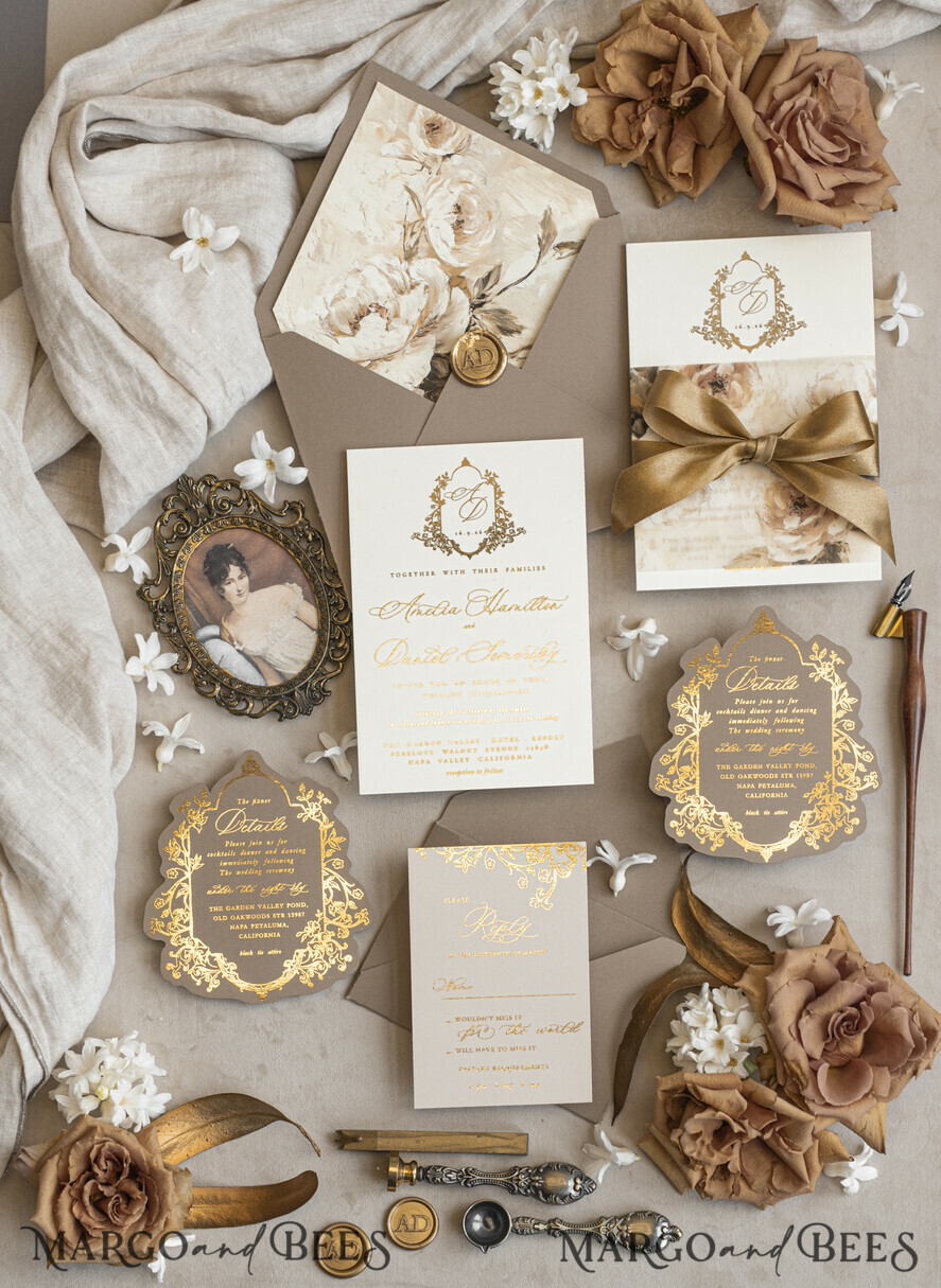 WEDDING INVITATIONS Vintage Baroque Vintage Baroque Wedding Invitation suite  Beige Golden Fine art Roses Wedding Invitations with rsvp Victorian wedding crest Chinoiserie Invites Royal Ornamental frame