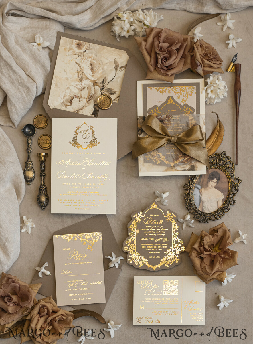 WEDDING INVITATIONS Vintage Baroque Vintage Baroque Wedding Invitation suite  Beige Golden Fine art Roses Wedding Invitations with rsvp Victorian wedding crest Chinoiserie Invites Royal Ornamental frame
