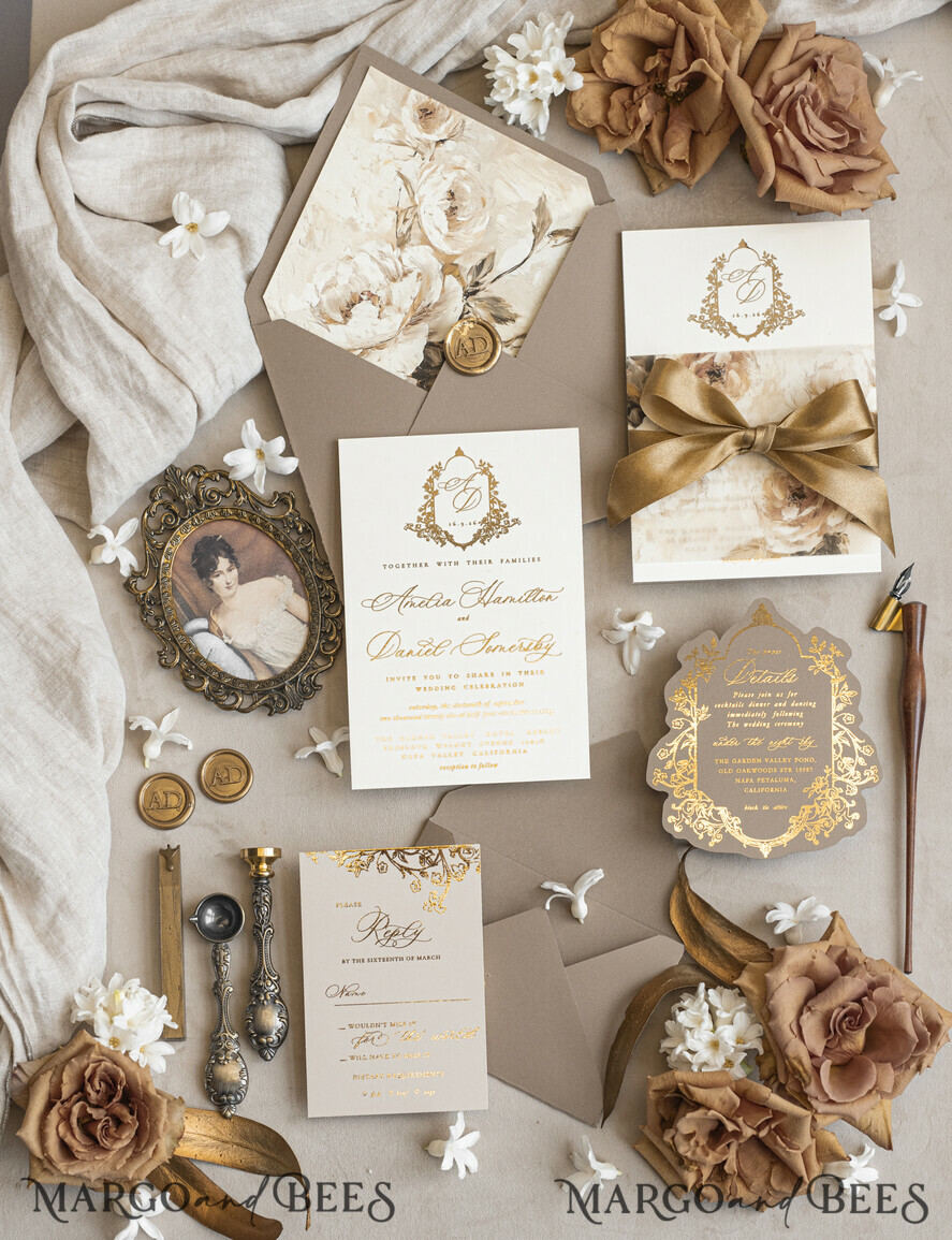 WEDDING INVITATIONS Vintage Baroque Vintage Baroque Wedding Invitation suite  Beige Golden Fine art Roses Wedding Invitations with rsvp Victorian wedding crest Chinoiserie Invites Royal Ornamental frame