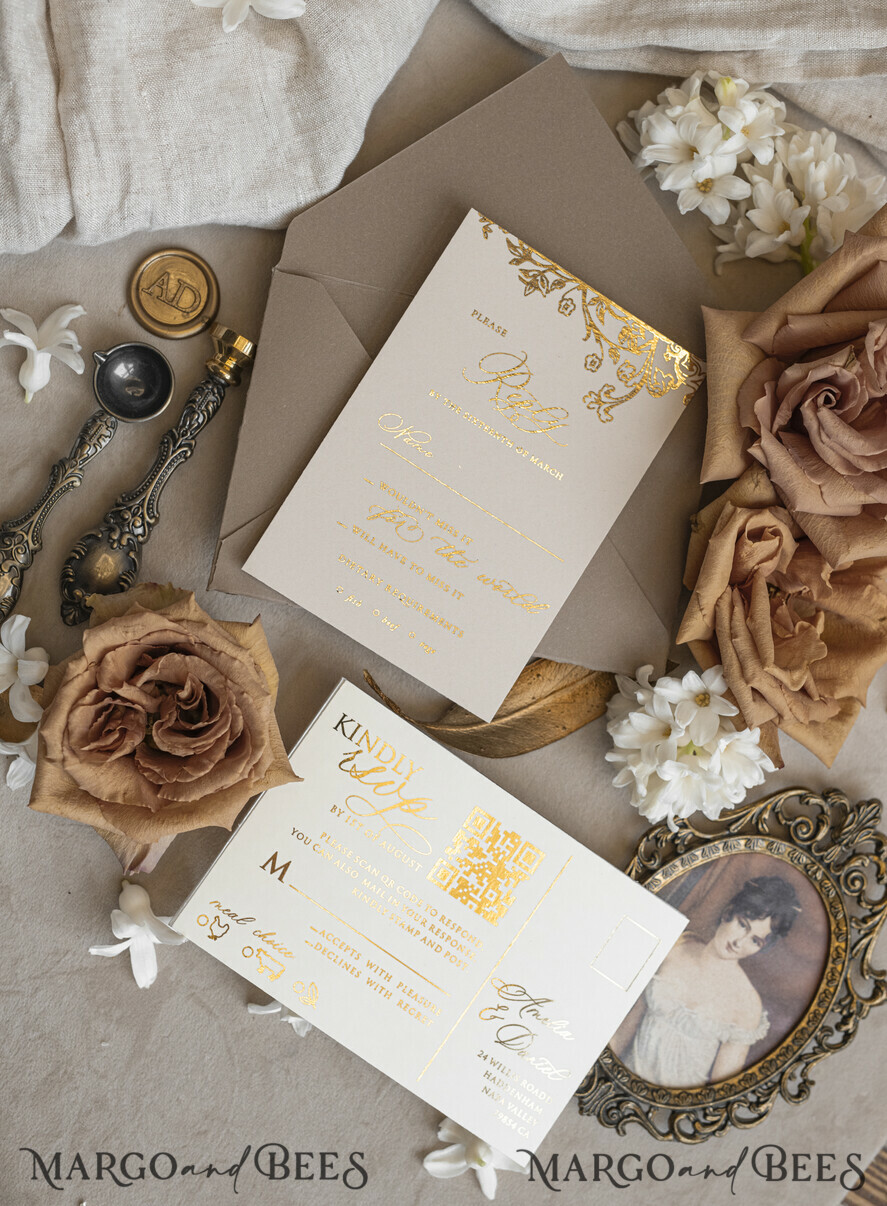 WEDDING INVITATIONS Vintage Baroque Vintage Baroque Wedding Invitation suite  Beige Golden Fine art Roses Wedding Invitations with rsvp Victorian wedding crest Chinoiserie Invites Royal Ornamental frame