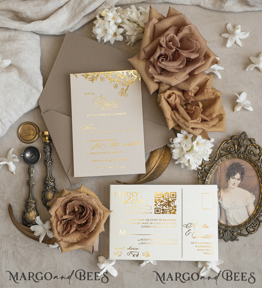 WEDDING INVITATIONS Vintage Baroque Vintage Baroque Wedding Invitation suite  Beige Golden Fine art Roses Wedding Invitations with rsvp Victorian wedding crest Chinoiserie Invites Royal Ornamental frame