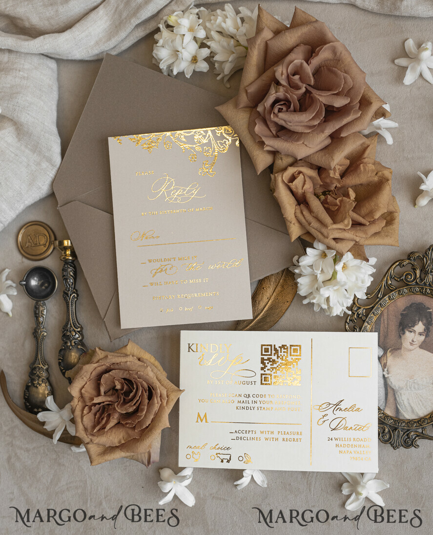 WEDDING INVITATIONS Vintage Baroque Vintage Baroque Wedding Invitation suite  Beige Golden Fine art Roses Wedding Invitations with rsvp Victorian wedding crest Chinoiserie Invites Royal Ornamental frame