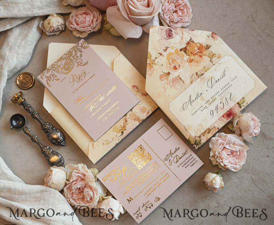 WEDDING INVITATIONS Vintage Baroque Vintage Baroque Wedding Invitation suite  Beige Golden Fine art Roses Wedding Invitations with rsvp Victorian wedding crest Chinoiserie Invites Royal Ornamental frame