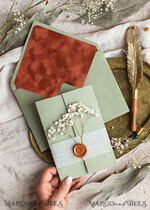 WEDDING INVITATIONS rustic / country / shabby chick Terracotta Sage green wedding inviation set, Natural baby breath flowers wedding invitations suite Minimalistic Modern Boho Garden Wedding Invites15