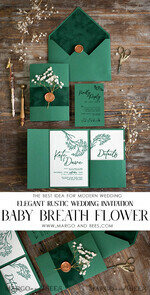 WEDDING INVITATIONS rustic / country / shabby chick Emerald Green wedding Invitation suite, Greenery Velvet invitations set, Modern boho invites set with real baby breath flowers 10