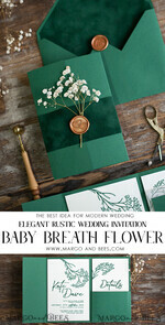 WEDDING INVITATIONS rustic / country / shabby chick Emerald Green wedding Invitation suite, Greenery Velvet invitations set, Modern boho invites set with real baby breath flowers 10