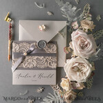 WEDDING INVITATIONS vintage lace/ rustic lace Vintage Lace  Wedding Invitations Elegant Grey Ivory ribbon and Bow 14