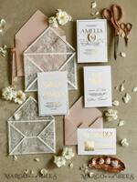 WEDDING INVITATIONS vintage lace/ rustic lace Luxury French Lace Wedding Invitations with Double Envelope Black & Gold Wedding Invitation Suite5