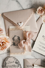 WEDDING INVITATIONS vintage lace/ rustic lace Personalized Golden Wedding invitations Vintage Lace Invites Beige45