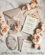 WEDDING INVITATIONS vintage lace/ rustic lace Personalized Golden Wedding invitations Vintage Lace Invites Beige45