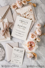 WEDDING INVITATIONS vintage lace/ rustic lace Personalized Golden Wedding invitations Vintage Lace Invites Beige45