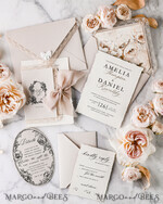 WEDDING INVITATIONS vintage lace/ rustic lace Personalized Golden Wedding invitations Vintage Lace Invites Beige45