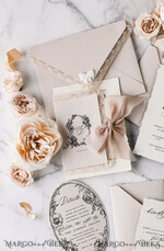 WEDDING INVITATIONS vintage lace/ rustic lace Personalized Golden Wedding invitations Vintage Lace Invites Beige45