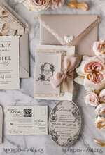 WEDDING INVITATIONS vintage lace/ rustic lace Personalized Golden Wedding invitations Vintage Lace Invites Beige45