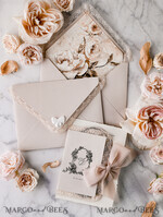 WEDDING INVITATIONS vintage lace/ rustic lace Personalized Golden Wedding invitations Vintage Lace Invites Beige45