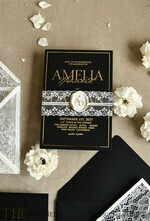WEDDING INVITATIONS vintage lace/ rustic lace Luxury French Lace Wedding Invitations with Double Envelope Black & Gold Wedding Invitation Suite21