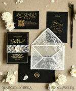 WEDDING INVITATIONS vintage lace/ rustic lace Luxury French Lace Wedding Invitations with Double Envelope Black & Gold Wedding Invitation Suite21