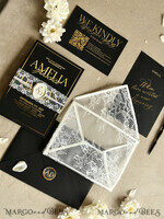 WEDDING INVITATIONS vintage lace/ rustic lace Luxury French Lace Wedding Invitations with Double Envelope Black & Gold Wedding Invitation Suite21