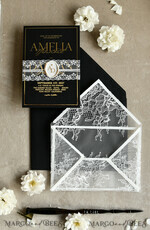 WEDDING INVITATIONS vintage lace/ rustic lace Luxury French Lace Wedding Invitations with Double Envelope Black & Gold Wedding Invitation Suite21