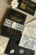 WEDDING INVITATIONS vintage lace/ rustic lace Luxury French Lace Wedding Invitations with Double Envelope Black & Gold Wedding Invitation Suite21