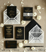 WEDDING INVITATIONS vintage lace/ rustic lace Luxury French Lace Wedding Invitations with Double Envelope Black & Gold Wedding Invitation Suite21
