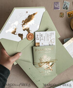 WEDDING INVITATIONS passport to love/ beach wedding invites  Gold Sage green Passport Wedding Invitation, Golden Wedding Cards Boarding Pass, Greenry Travel Passport Wedding Invitations Abroad, Destination Greece Wedding Invites, Tuscany Travel Map Wedding Stationary Italy World map 28